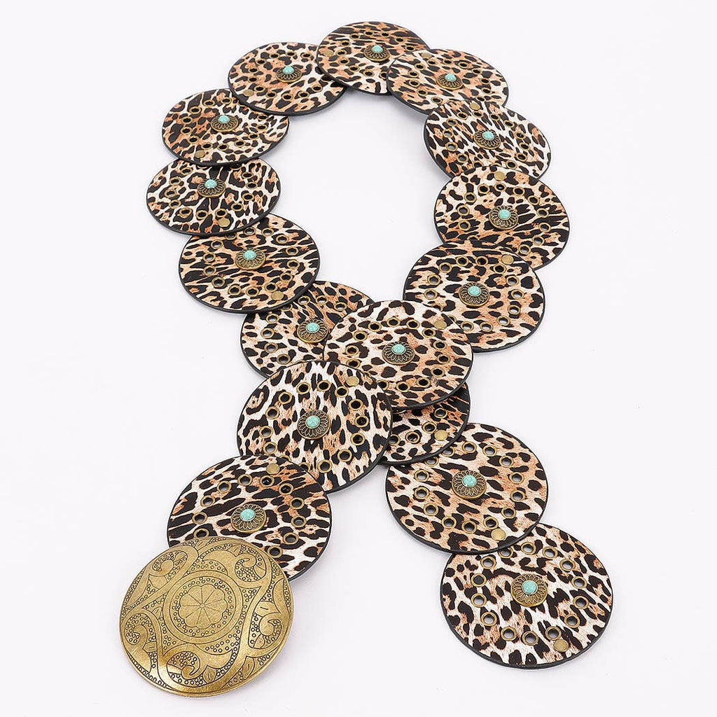 Faux leather disc belt with leopard print and decorative metal stones in bohemian style