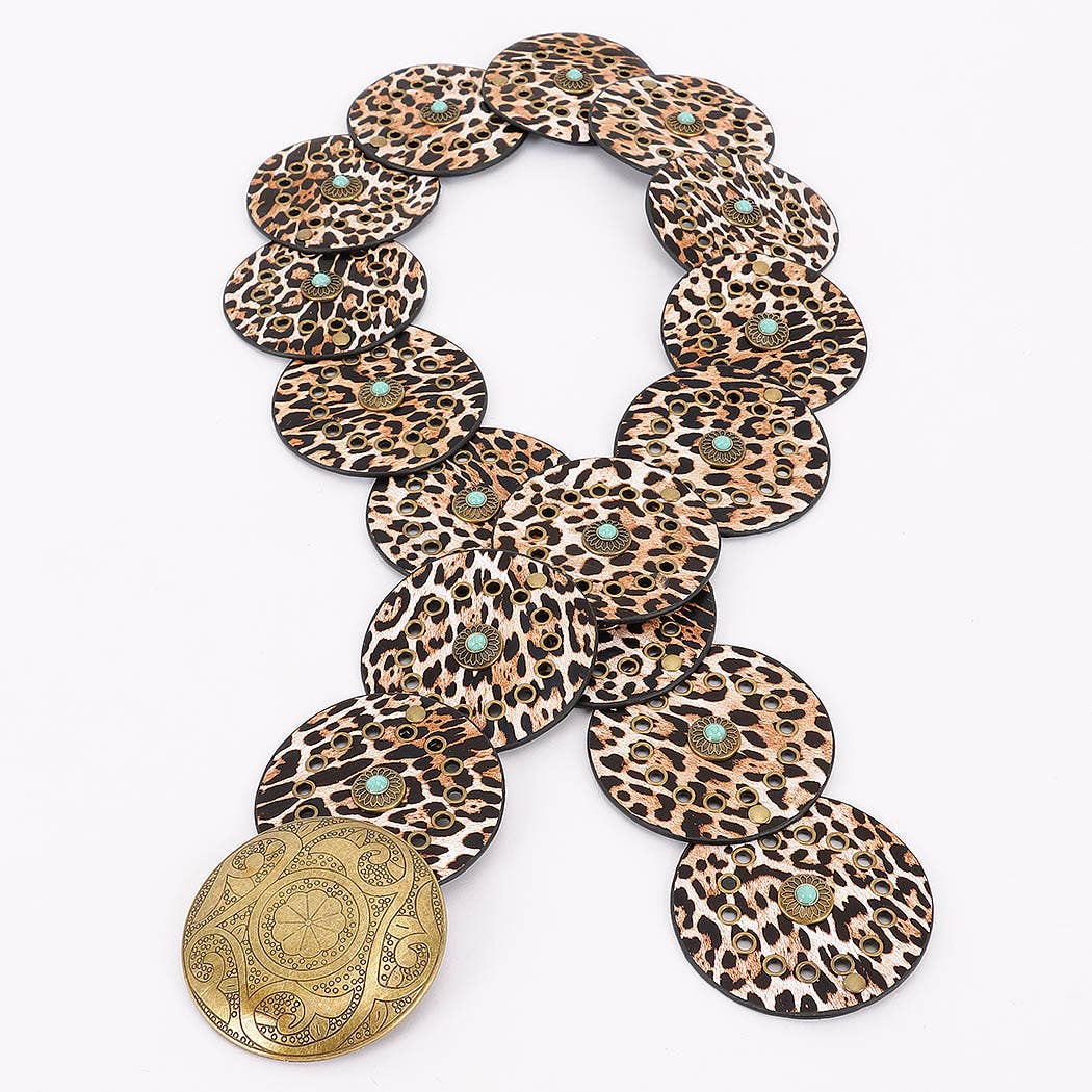 Faux leather disc belt with leopard print and decorative metal stones in bohemian style