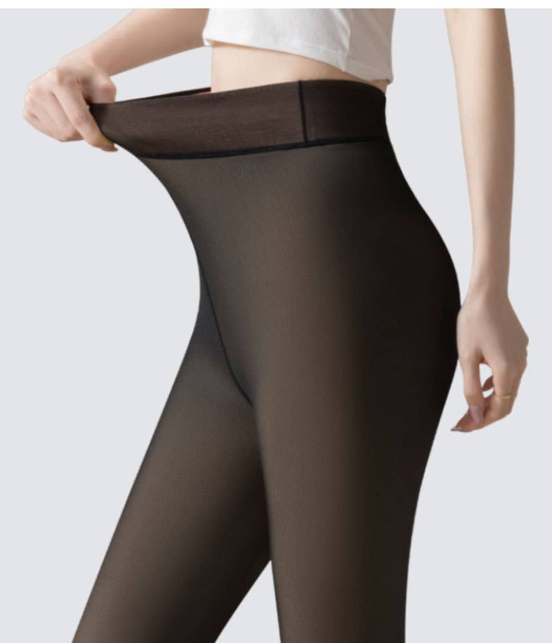 Warm Fleece-Lined Tights Fake Sheer Pantyhose Leggings