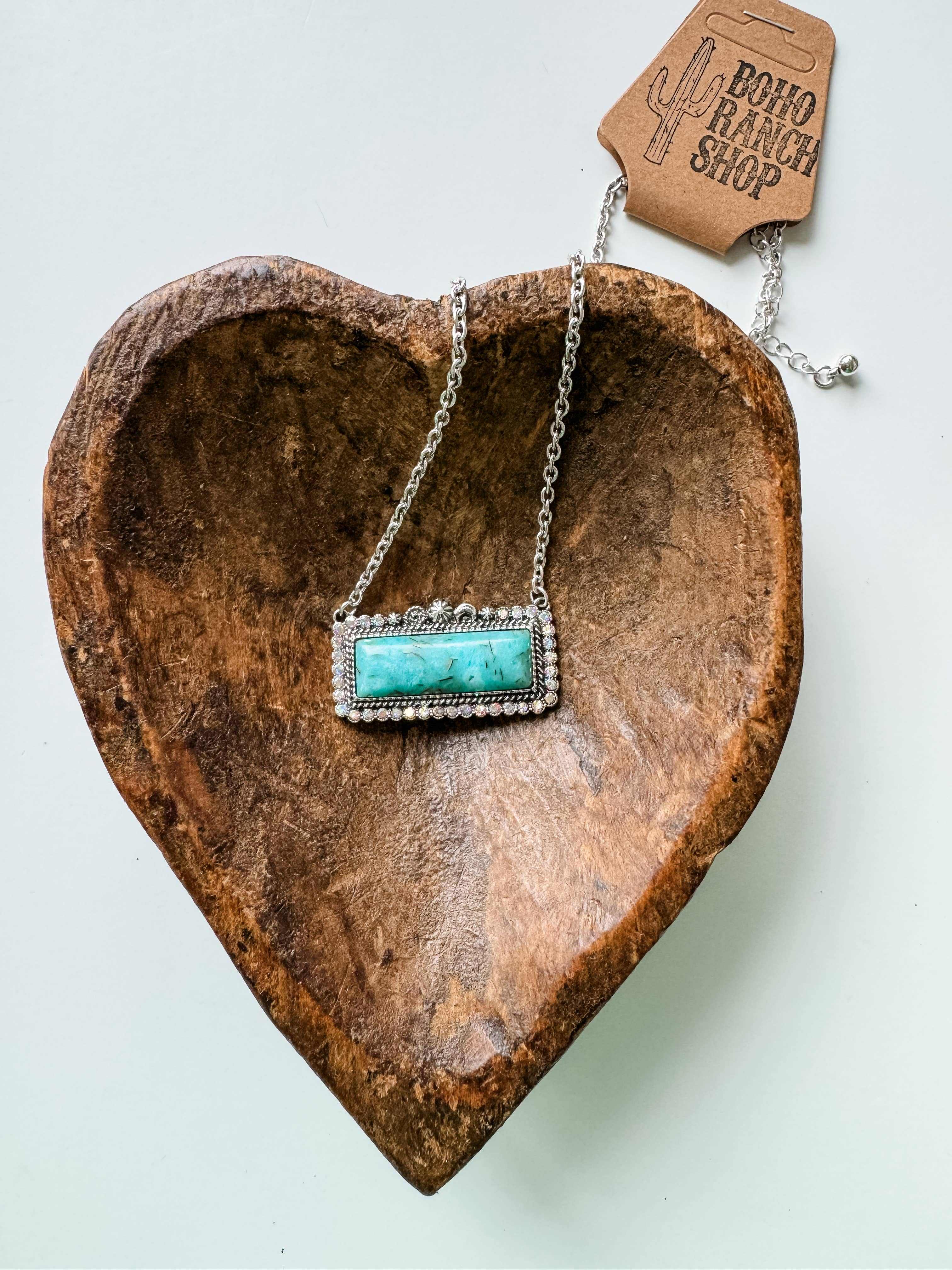 Western Semi Stone Bar Necklace - with Rhinestone edge