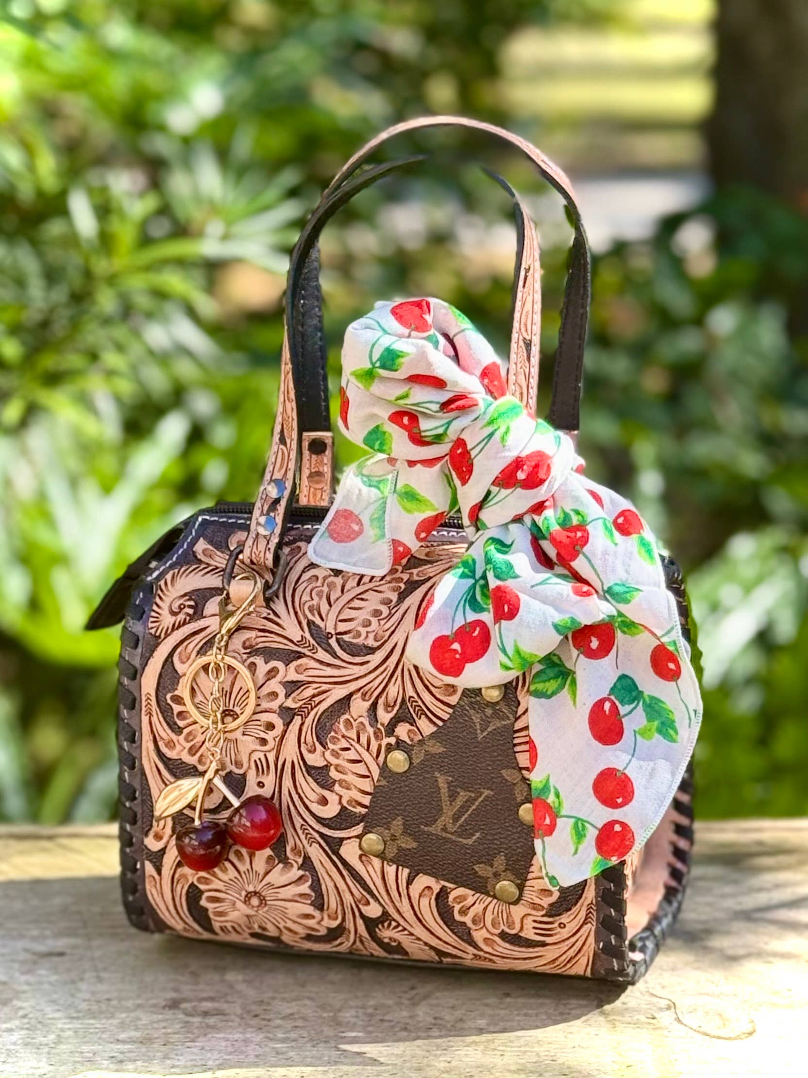 Upcycled Louis Vuitton Speedy Handbag | Hand-Tooled Western Cherry Leather