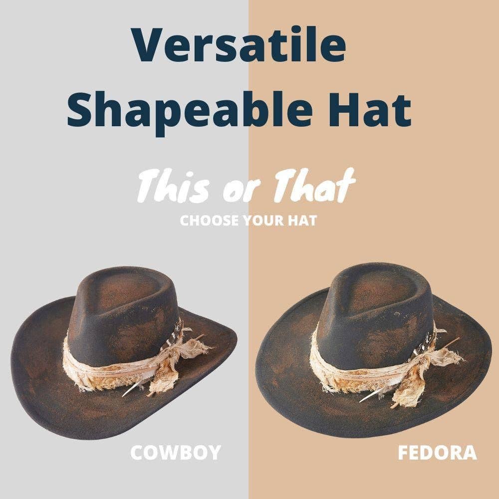 Distressed Cowgirl Fedora Hat with Feather & Fabric Band