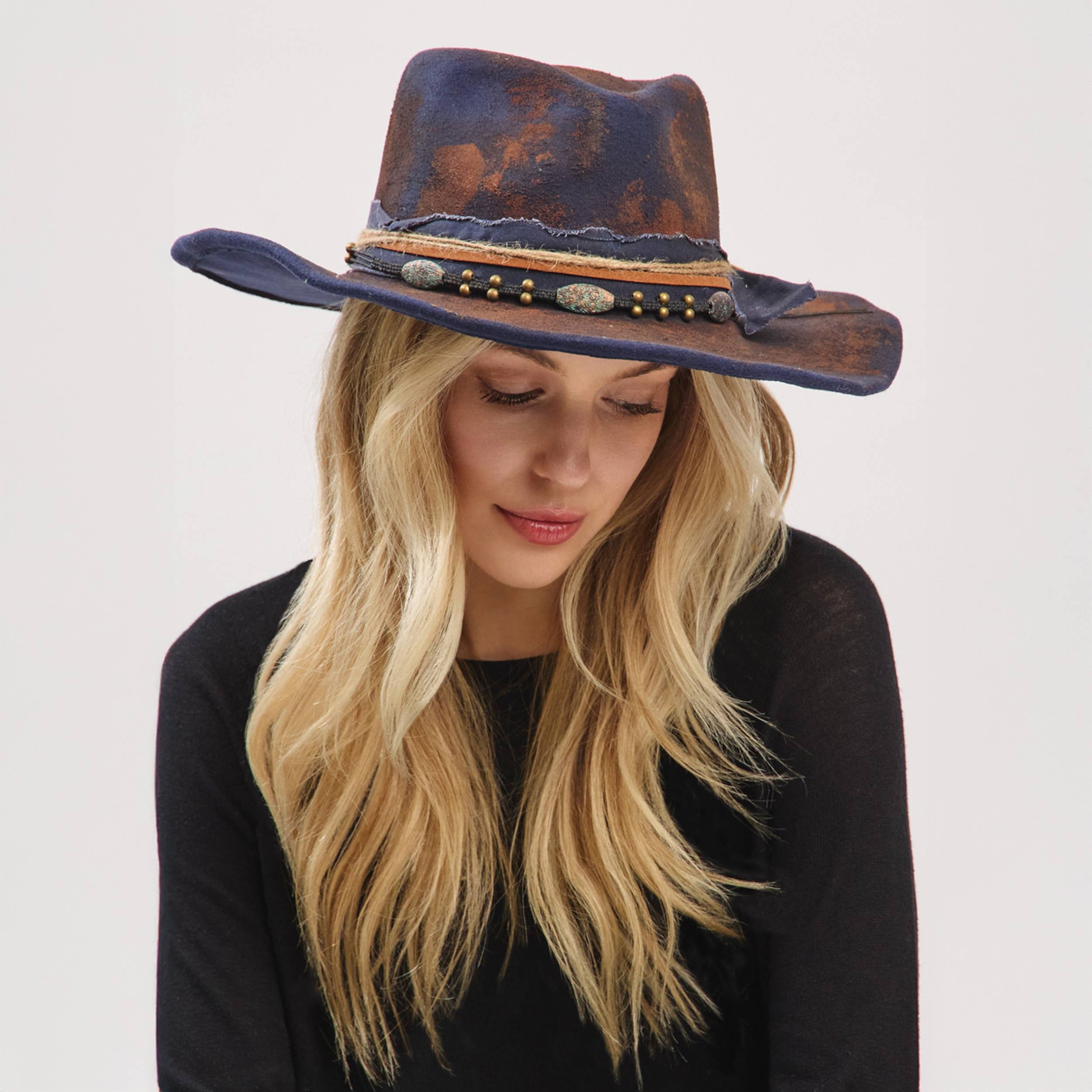 Distressed Fabric Multi Band Cowgirl Fedora Hat