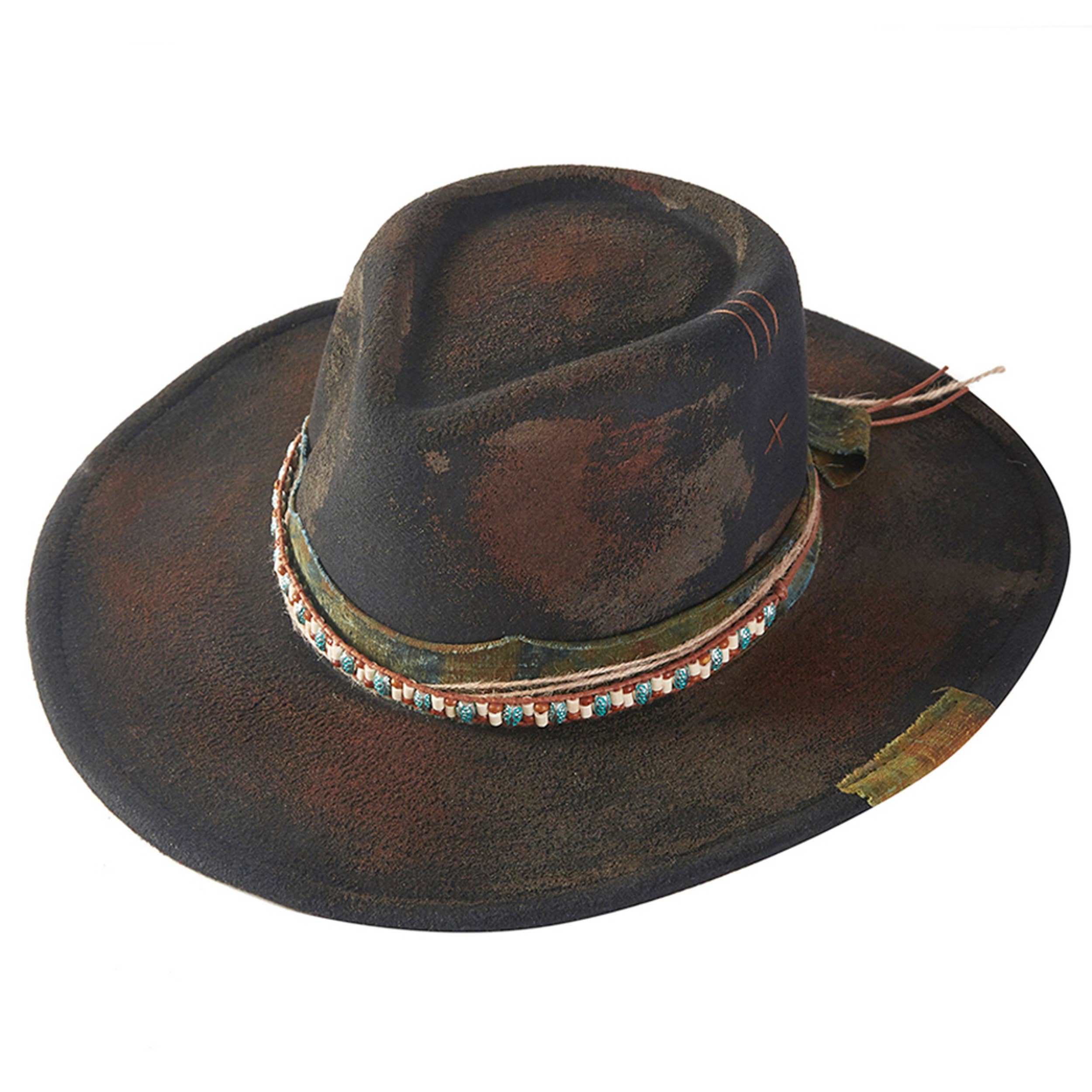 Rustic shapeable cowgirl fedora hat featuring a distressed fabric band and a flexible brim, enhancing vintage charm.