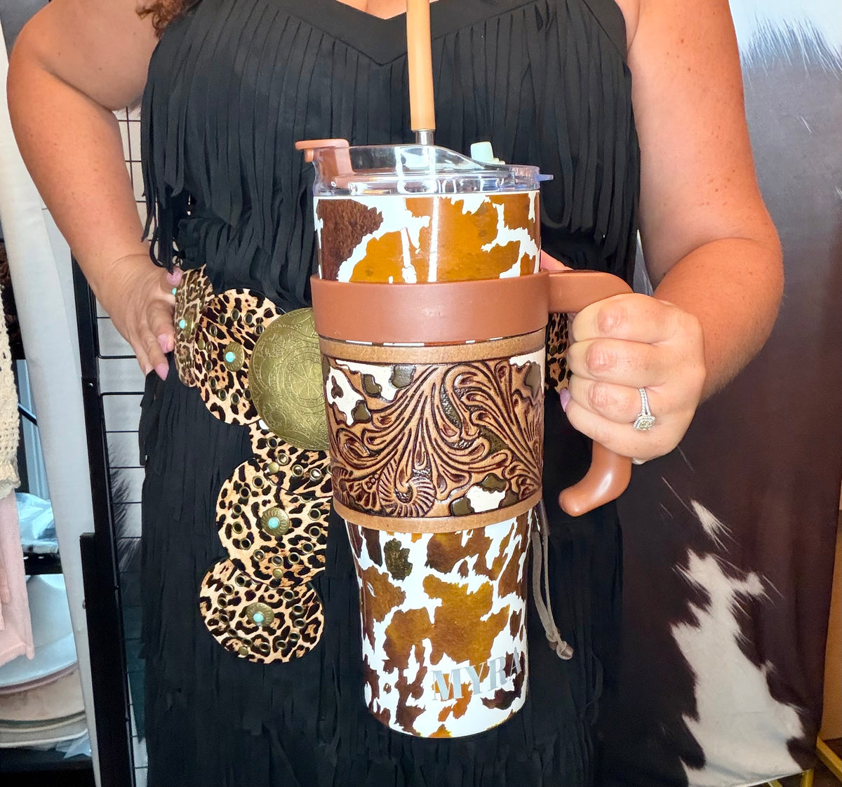 Myra Cow Print Tumbler with Leather Sleeve | Western Style