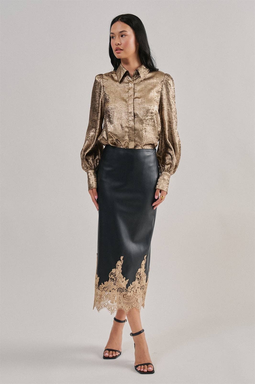 Boho Faux Leather Midi Skirt with Lace Hem (Preorder)