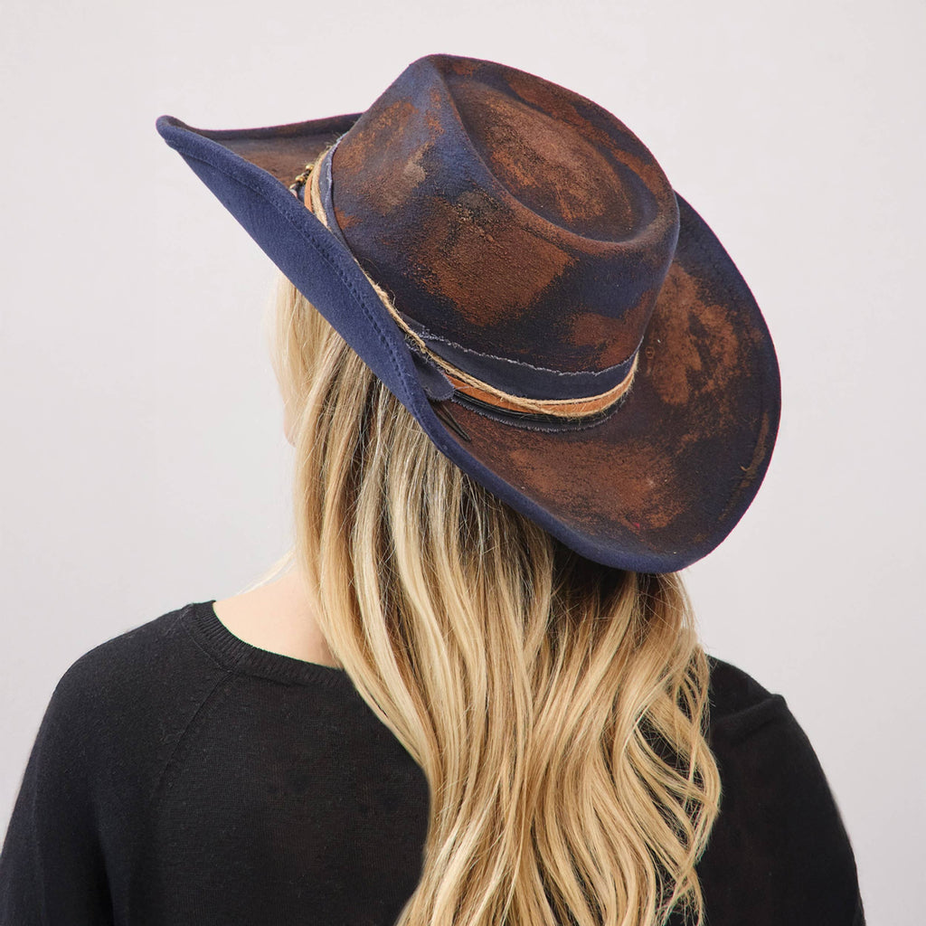 Distressed Fabric Multi Band Cowgirl Fedora Hat