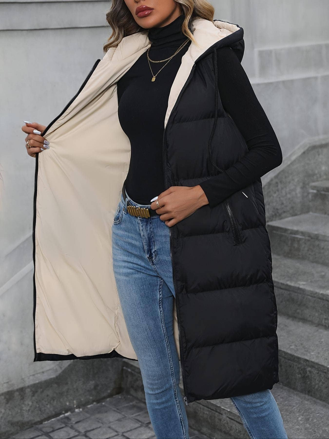 Zipper Sleeveless Hooded Long Padded Vest Jacket
