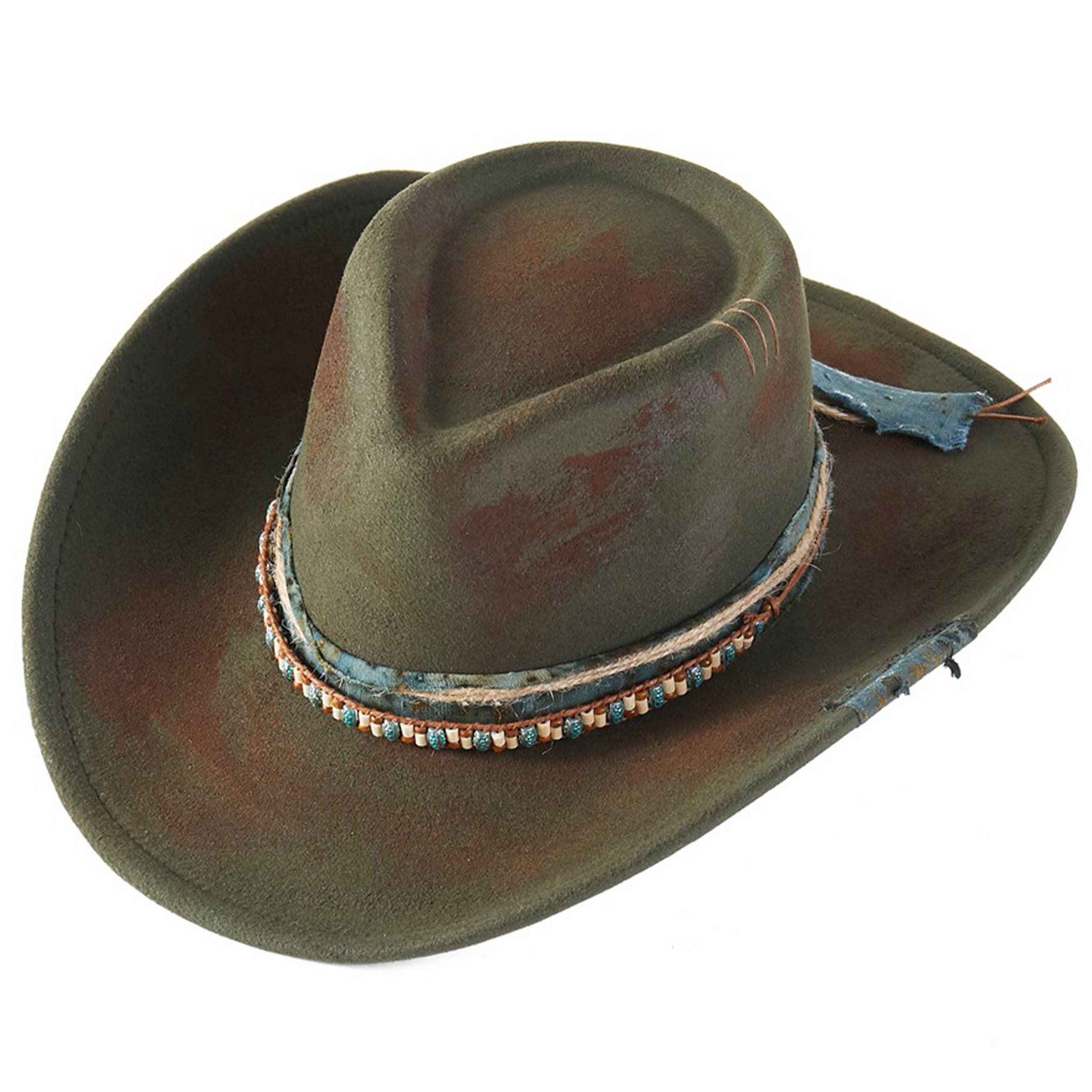 Distressed green fabric fedora hat with a decorated stone band, featuring a flexible brim for versatile styling.