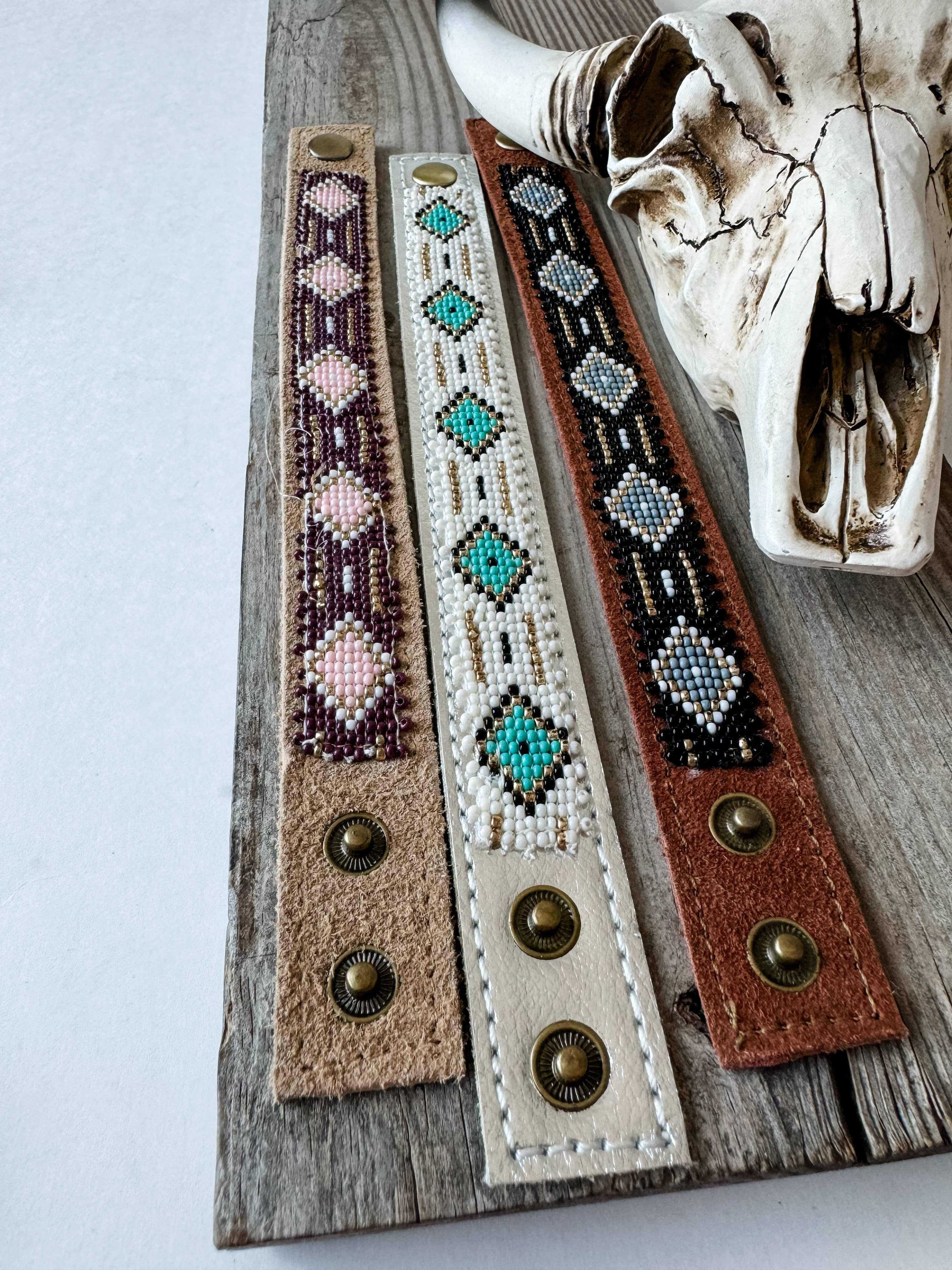 Western Aztec Pattern Seed Bead Leather Cuff Bracelet