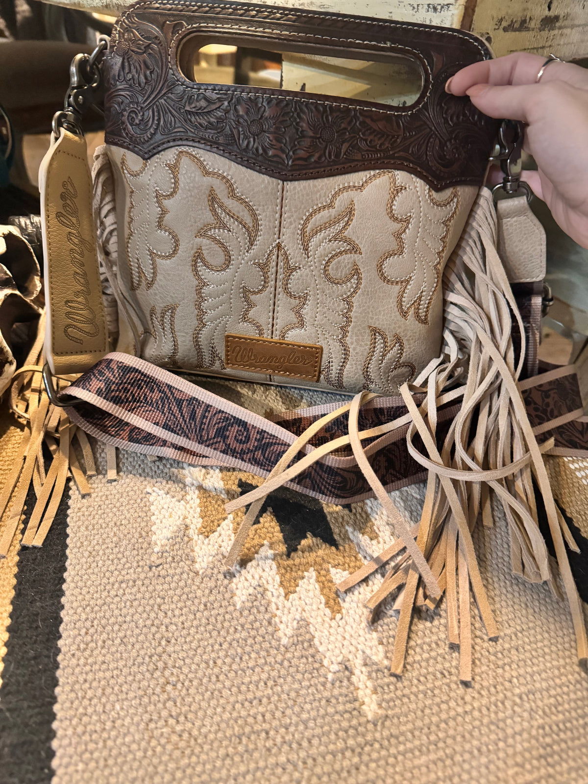 Wrangler Top Handle Embroidered Fringe Tote/Crossbody