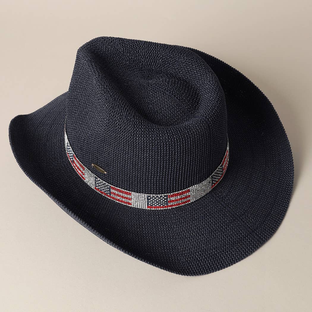 American Flag Rhinestone Band Straw Cowboy Adjustable Hat