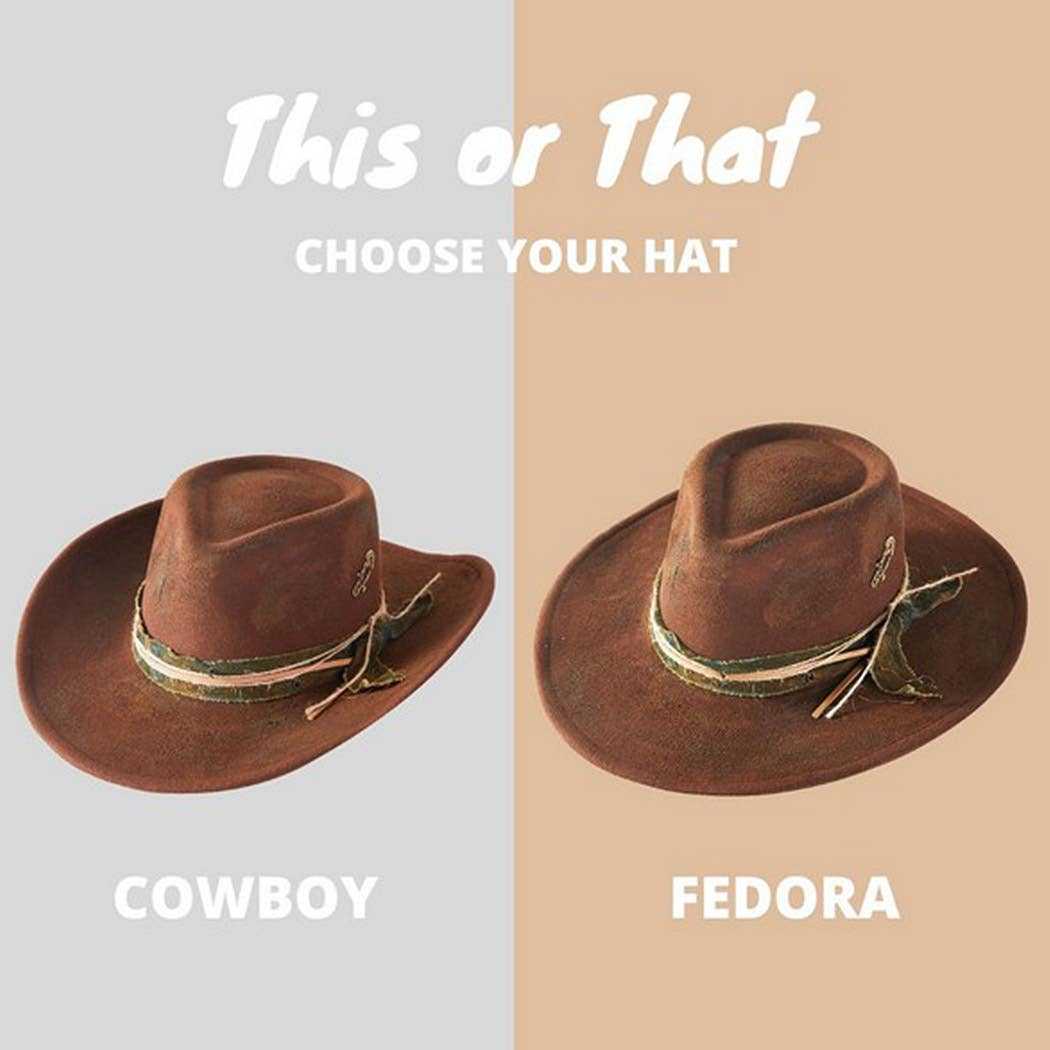Vintage shapeable cowgirl and fedora hat with distressed fabric and suede band