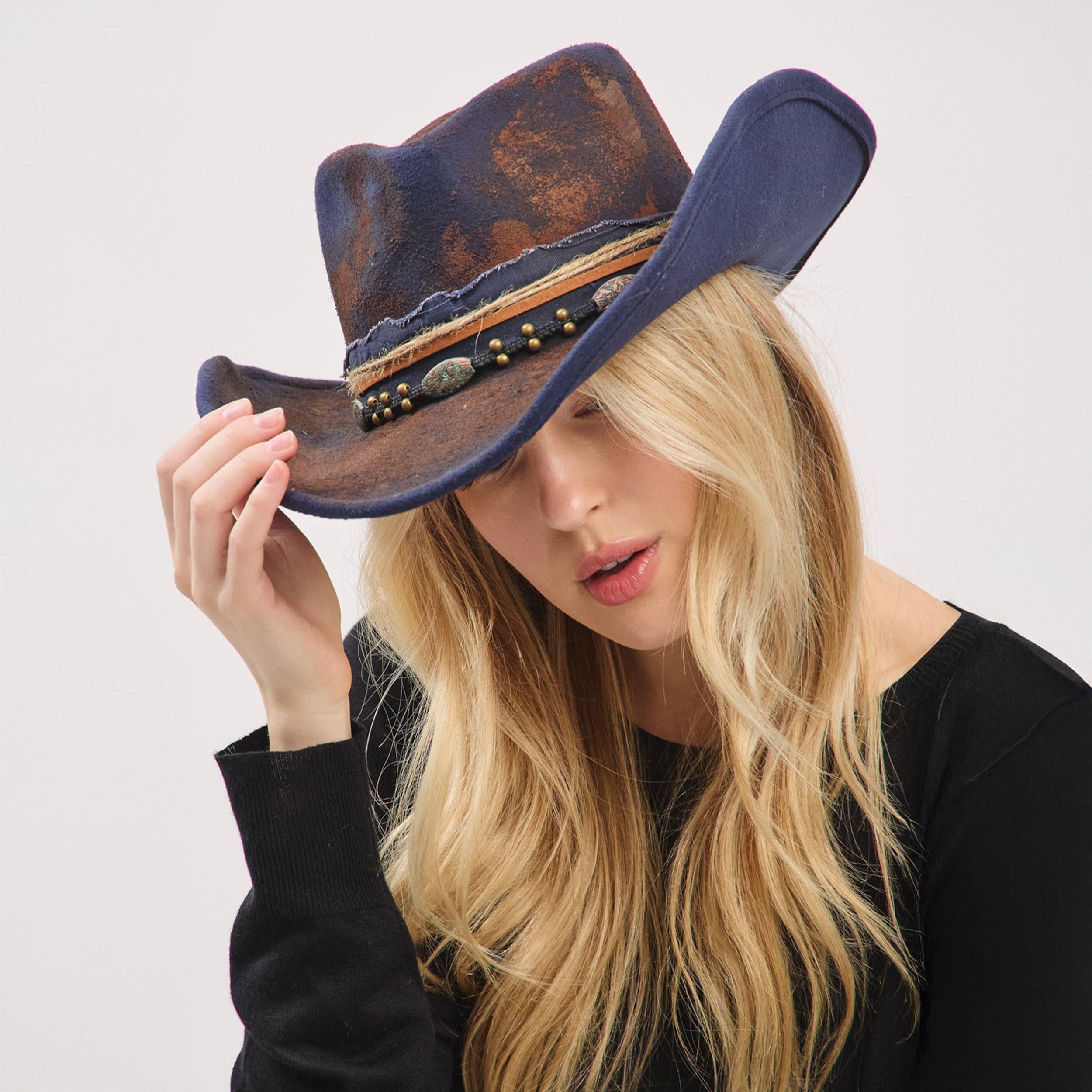 Distressed Fabric Multi Band Cowgirl Fedora Hat