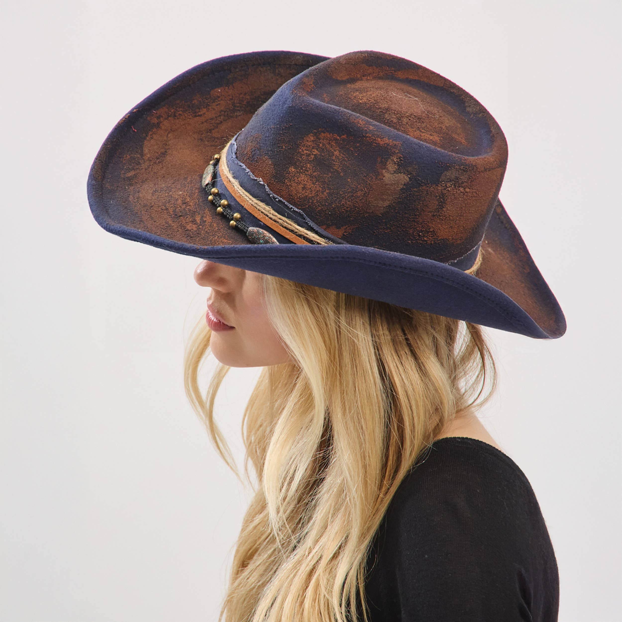 Distressed Fabric Multi Band Cowgirl Fedora Hat