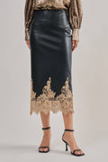 Boho Faux Leather Midi Skirt with Lace Hem (Preorder)