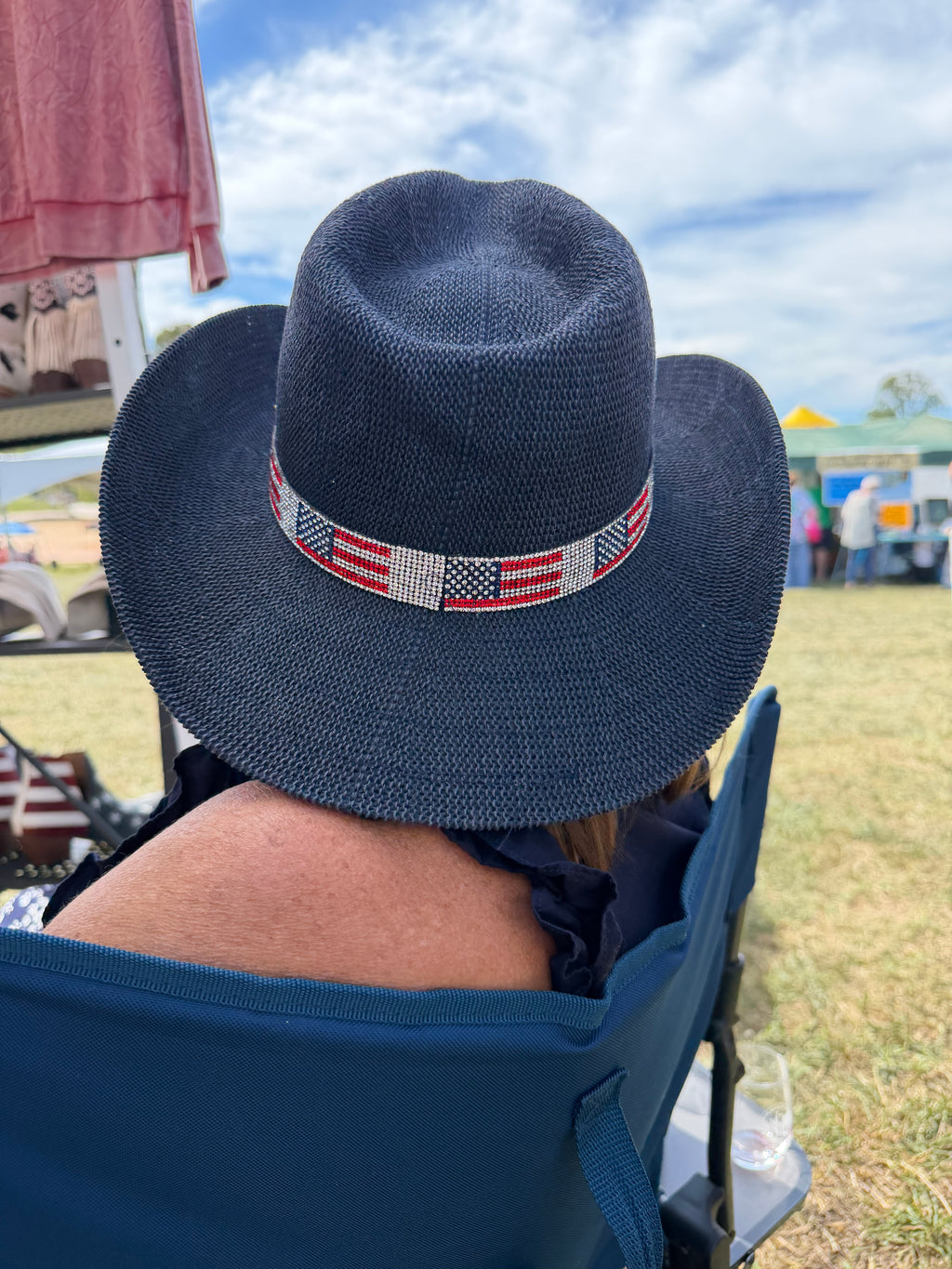 American Flag Rhinestone Band Straw Cowboy Adjustable Hat