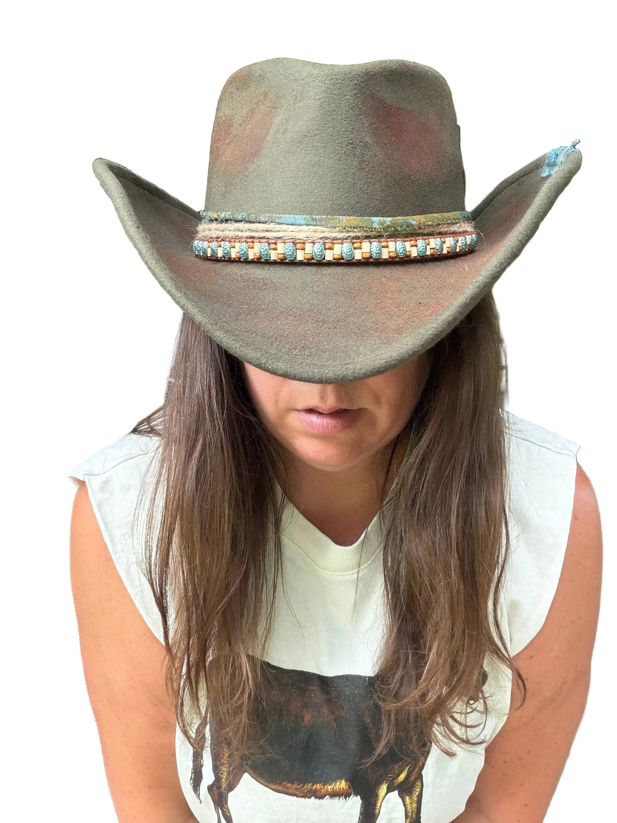 Rustic Shapeable 2-in-1 Cowgirl Fedora Hat with Distressed Beaded Band - Women's One Size Olive Green