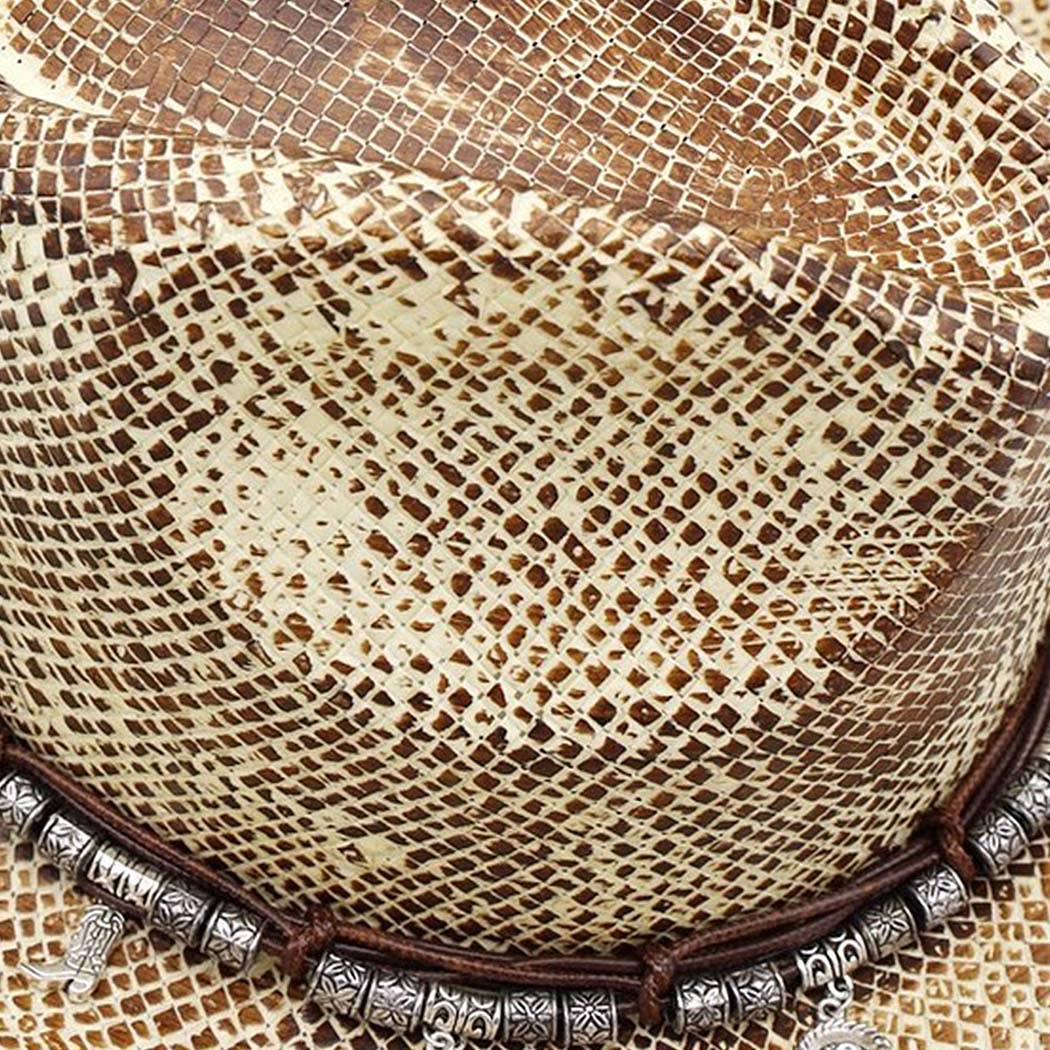 Handmade vintage cowboy hat with a textured woven design in cream and brown, featuring Western charms and a structured crown.