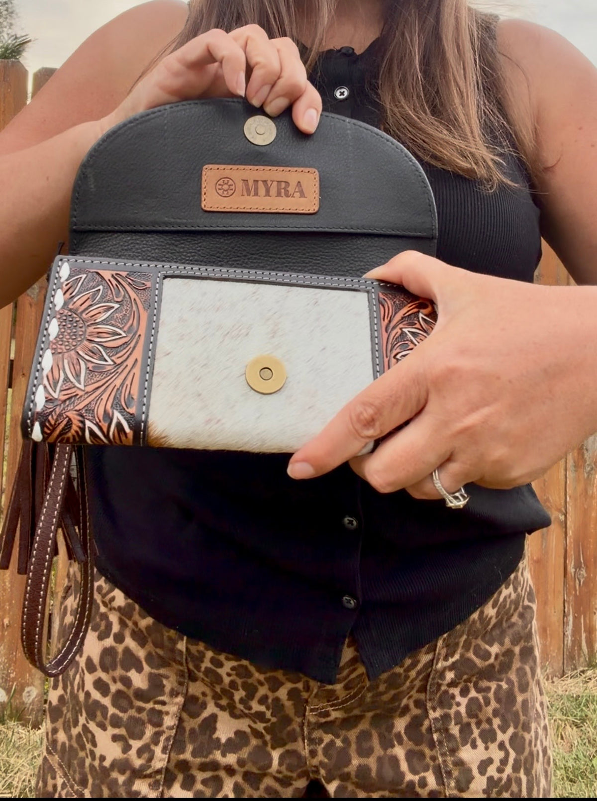 Myra Sandstone Trail Hand-Tooled Wristlet Wallet With Hairon Cowhide