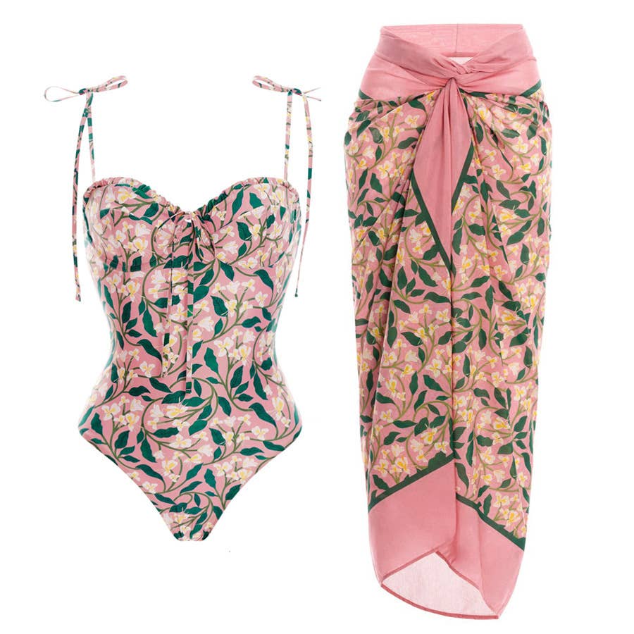 Little pink floral strappy one piece swimsuit