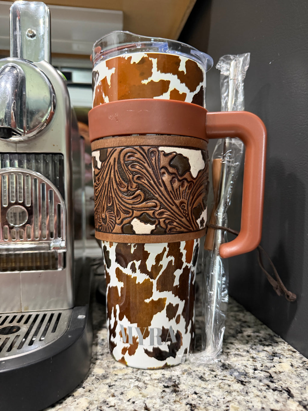 Myra Cow Print Tumbler with Leather Sleeve | Western Style