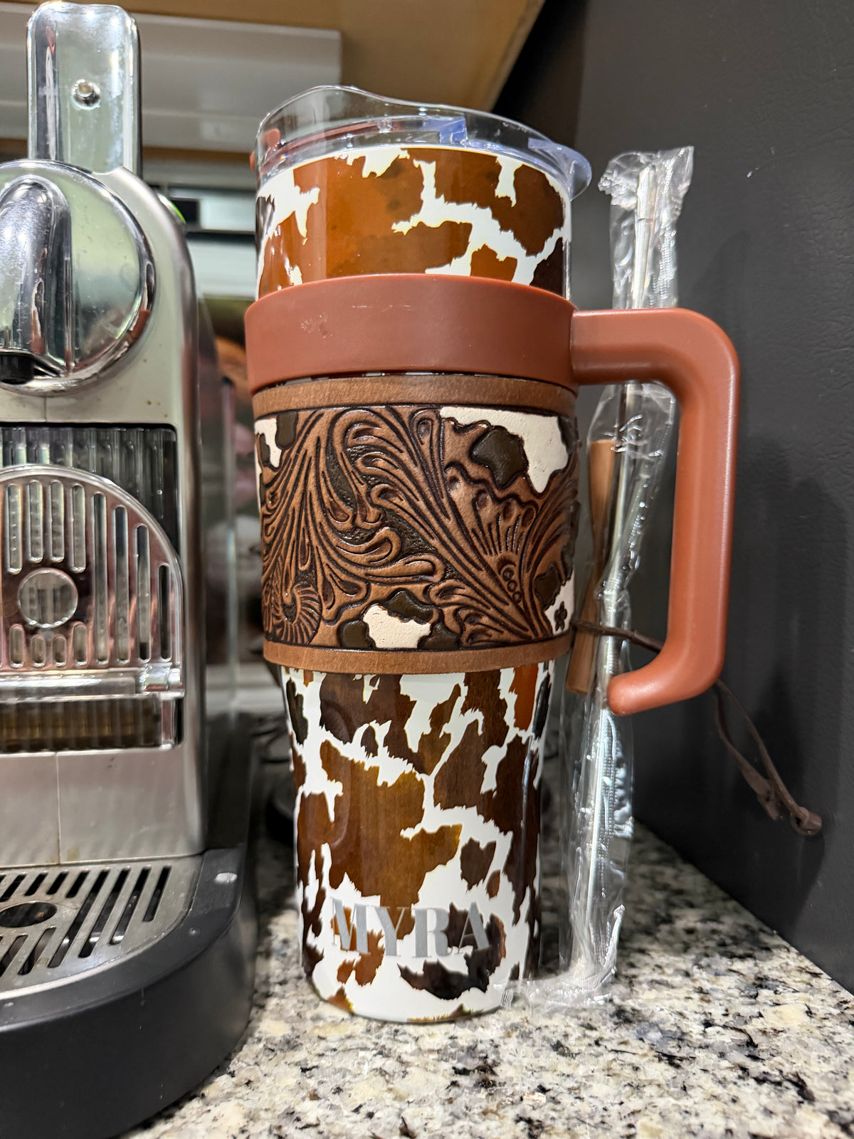 Myra Cow Print Tumbler with Leather Sleeve | Western Style