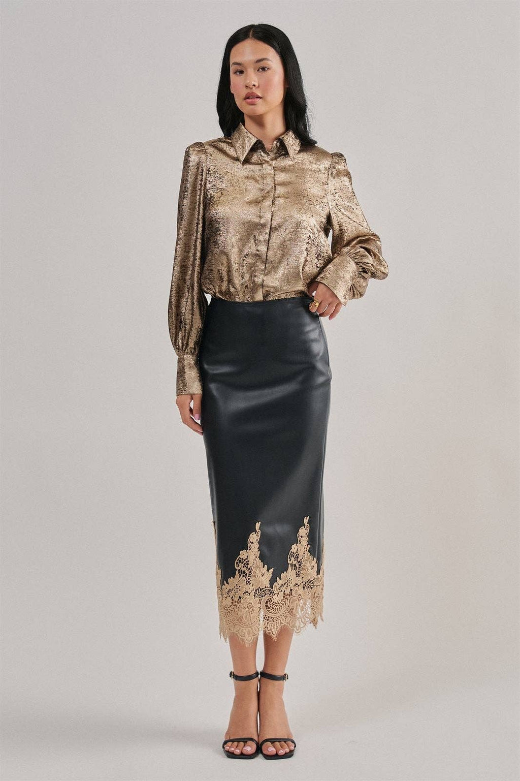 Boho Faux Leather Midi Skirt with Lace Hem (Preorder)