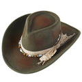 Distressed green fabric cowgirl fedora hat adorned with beads, ribbon, and a feather detail.