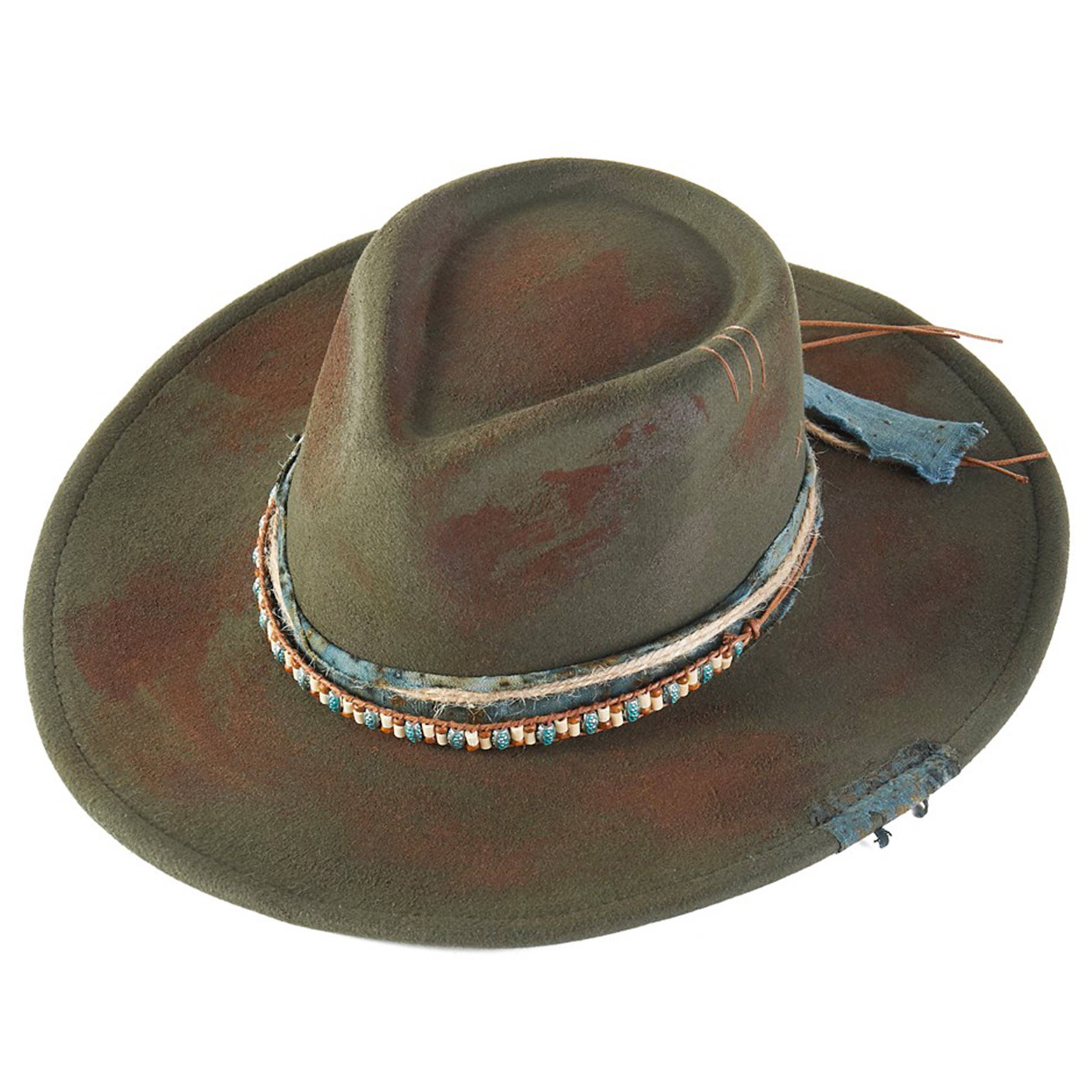 Rustic green fedora hat with a distressed fabric finish and a decorative stone band, featuring a flexible brim for style versatility.