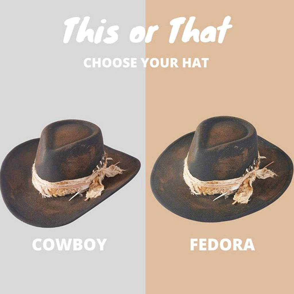 vintage versatile shapeable cowgirl and fedora hat with feather and distressed fabric band on beige and gray background