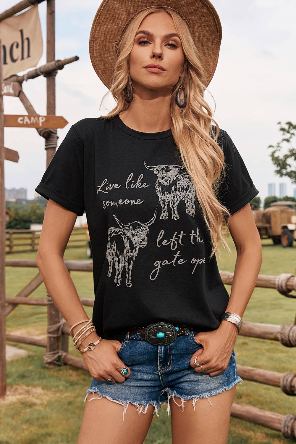 Fashion-W Western Cow Print Round Neck Casual Tee