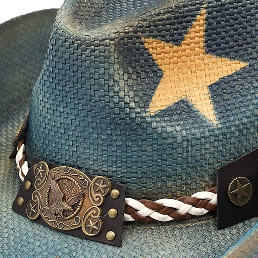 Distressed Cowboy Hat With Brass-Cplored Eagle Buckle, Braid