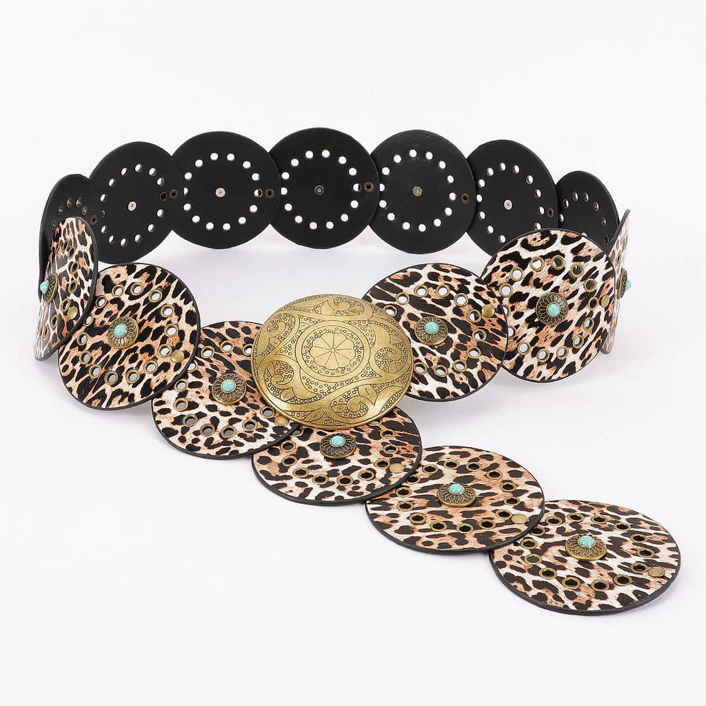 Faux leather disc belt with leopard print discs and decorative metal elements in bohemian style