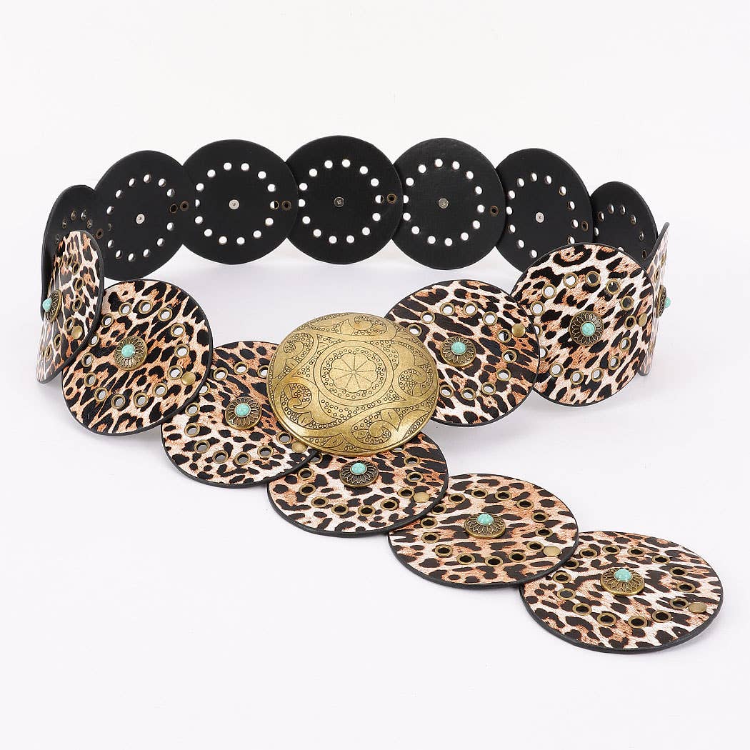 Faux leather disc belt with leopard print discs and decorative metal elements in bohemian style