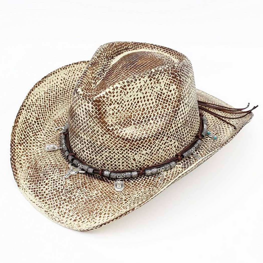 Handmade vintage cowboy hat in a textured tan color, featuring a western bull head and various charms on the band.