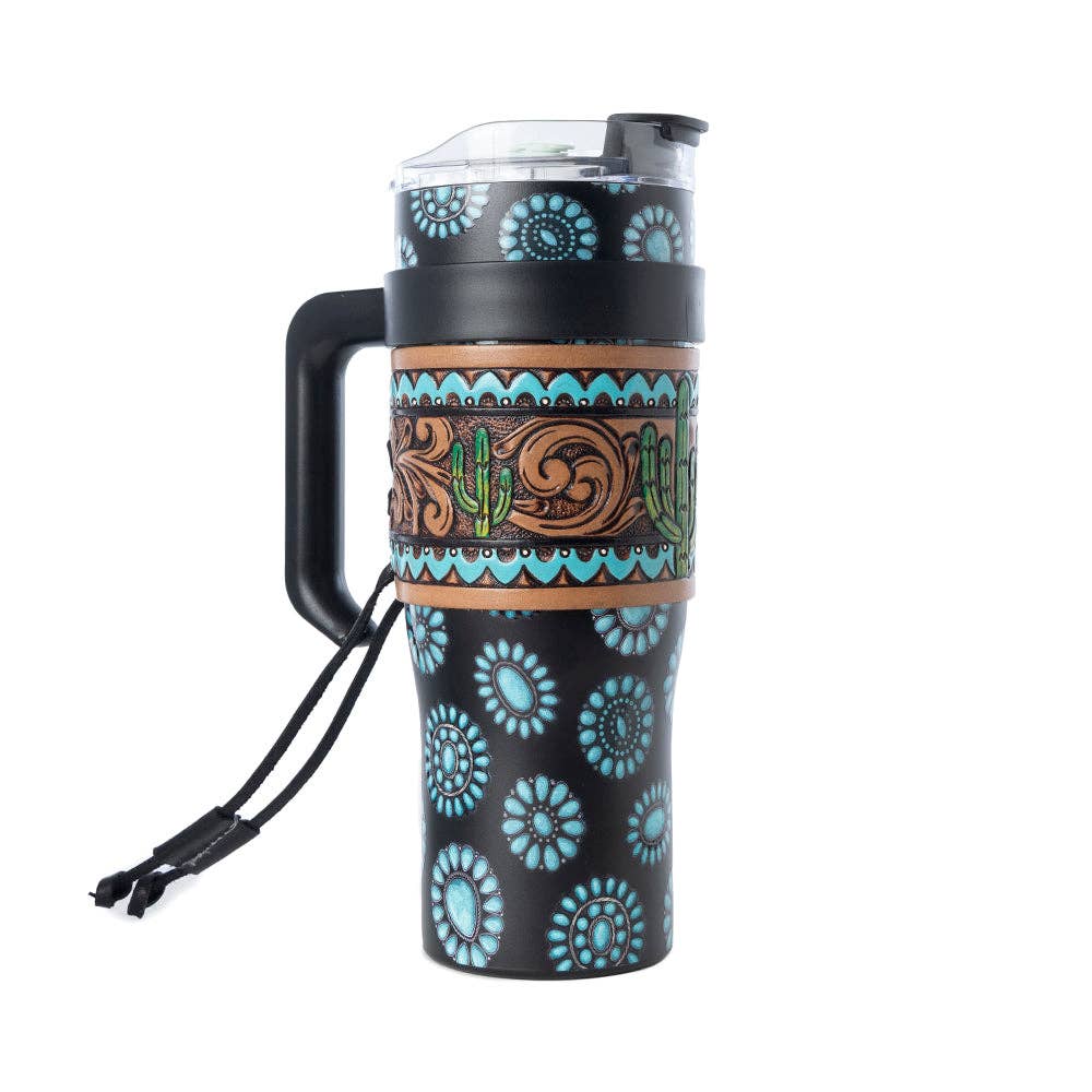 Myra Bags Concho Crest Western Tooled Waterr Bottle in Black Stainless Steel with Leather Wrap and Handle