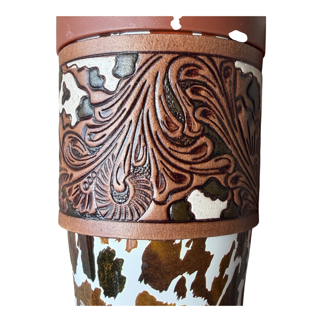 Myra Cow Print Tumbler with Leather Sleeve | Western Style