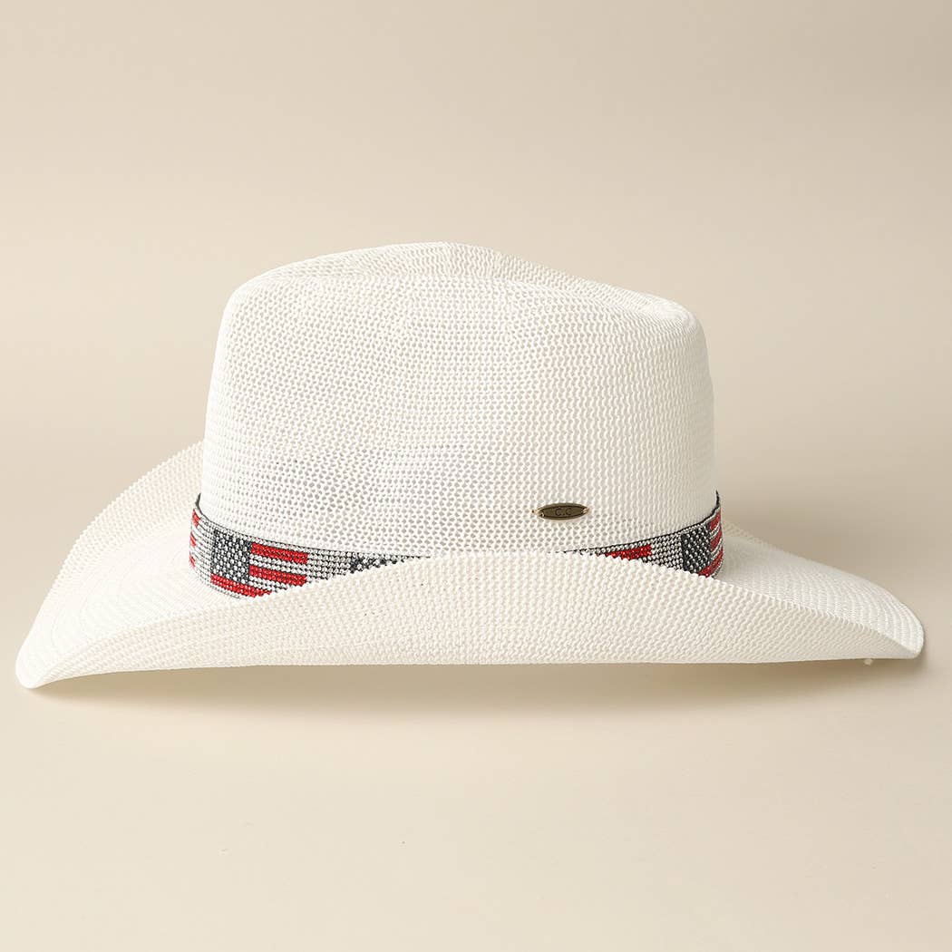 American Flag Rhinestone Band Straw Cowboy Adjustable Hat
