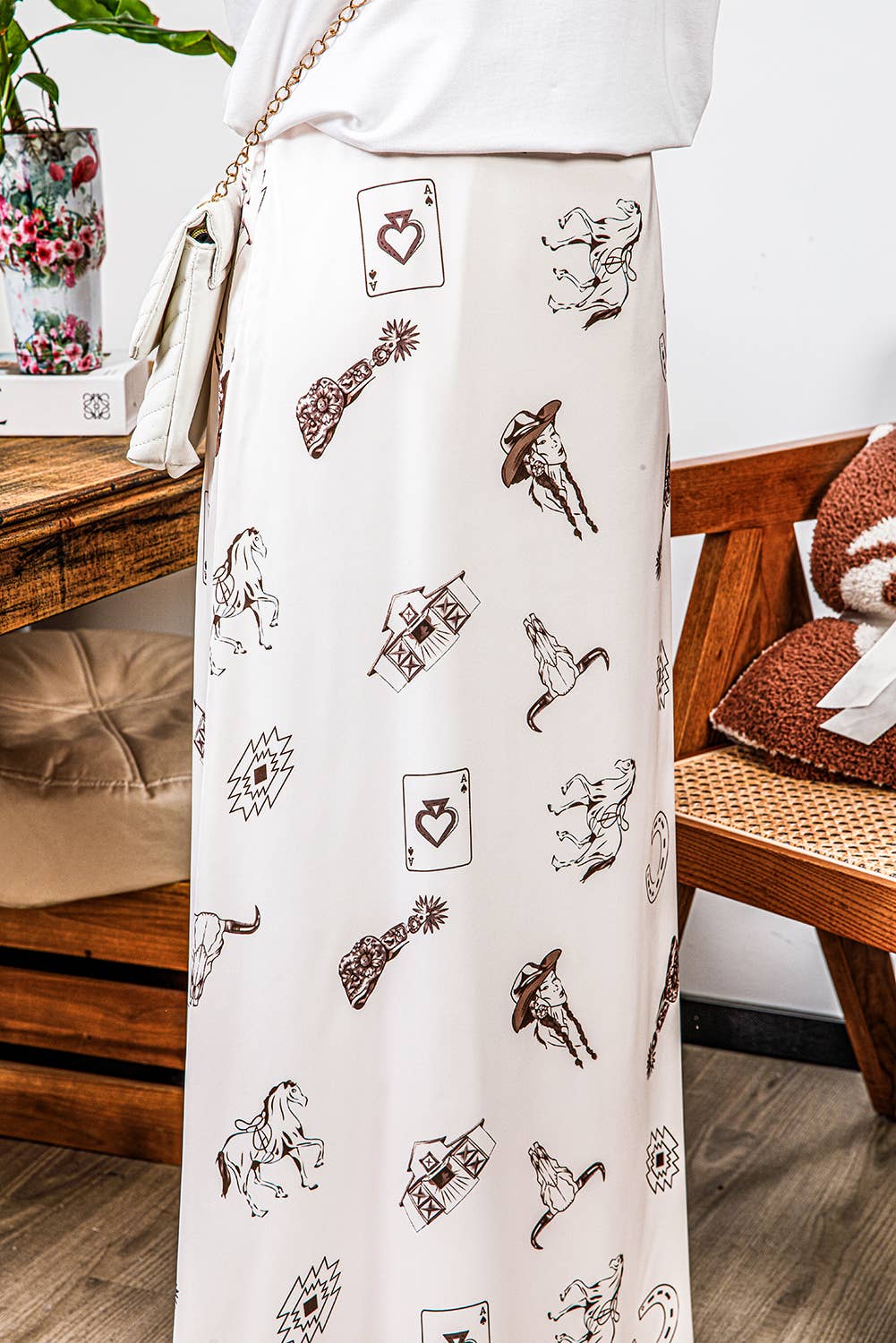 Fashion-W Western Print Satin Long Skirt
