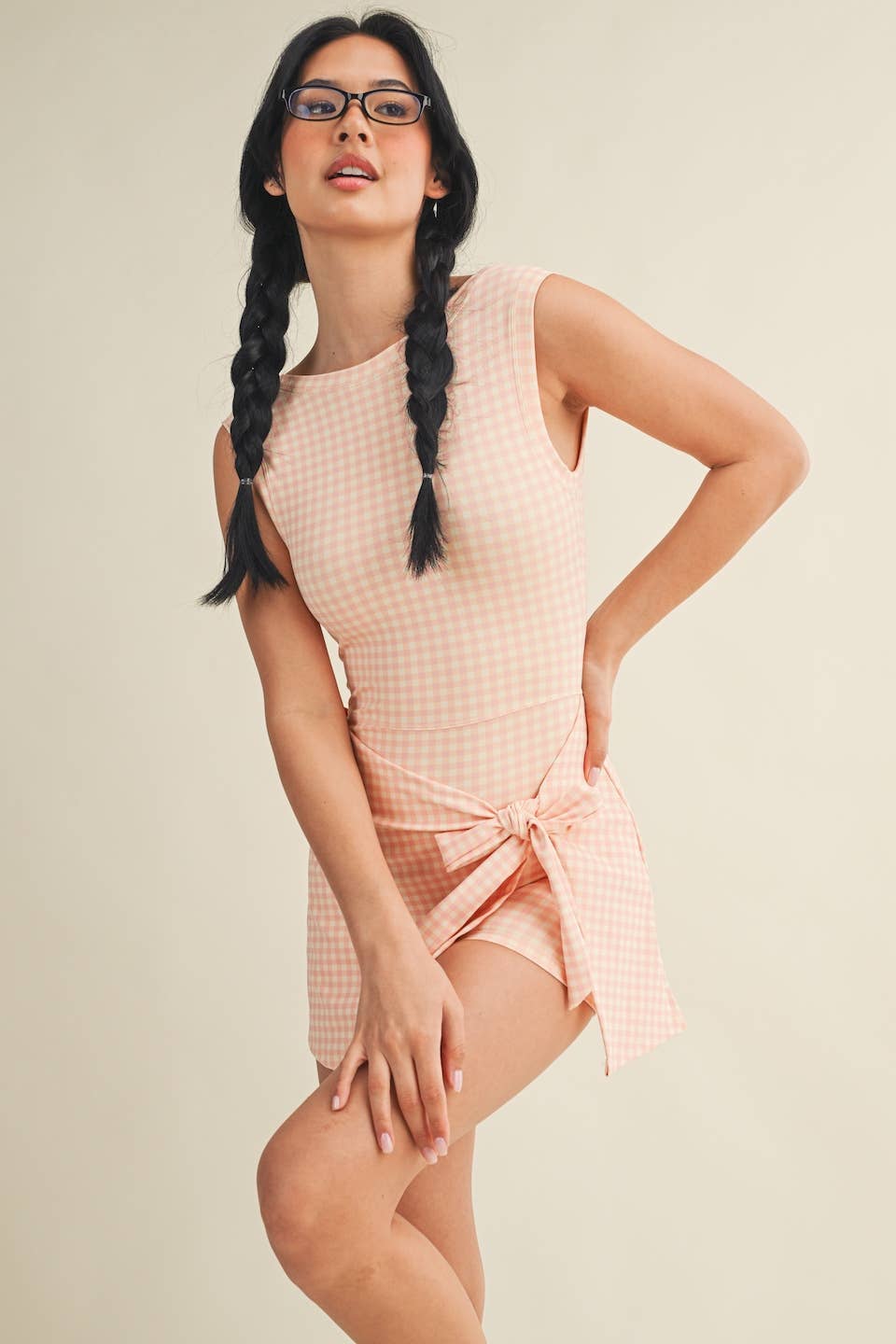Gingham Print Sleeveless Wrap Tie Front Dress