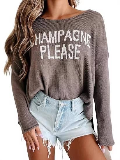 Champagne Please Graphic Side Slit Pullover Knit Top
