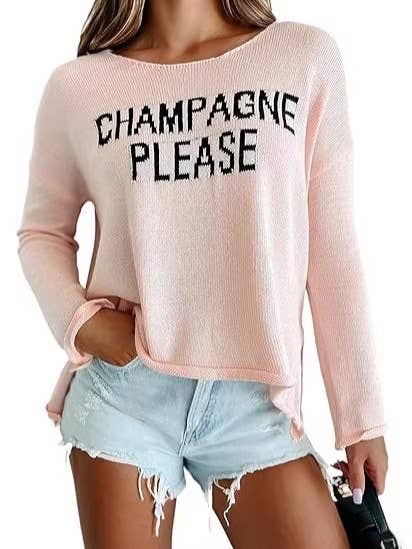 Champagne Please Graphic Side Slit Pullover Knit Top