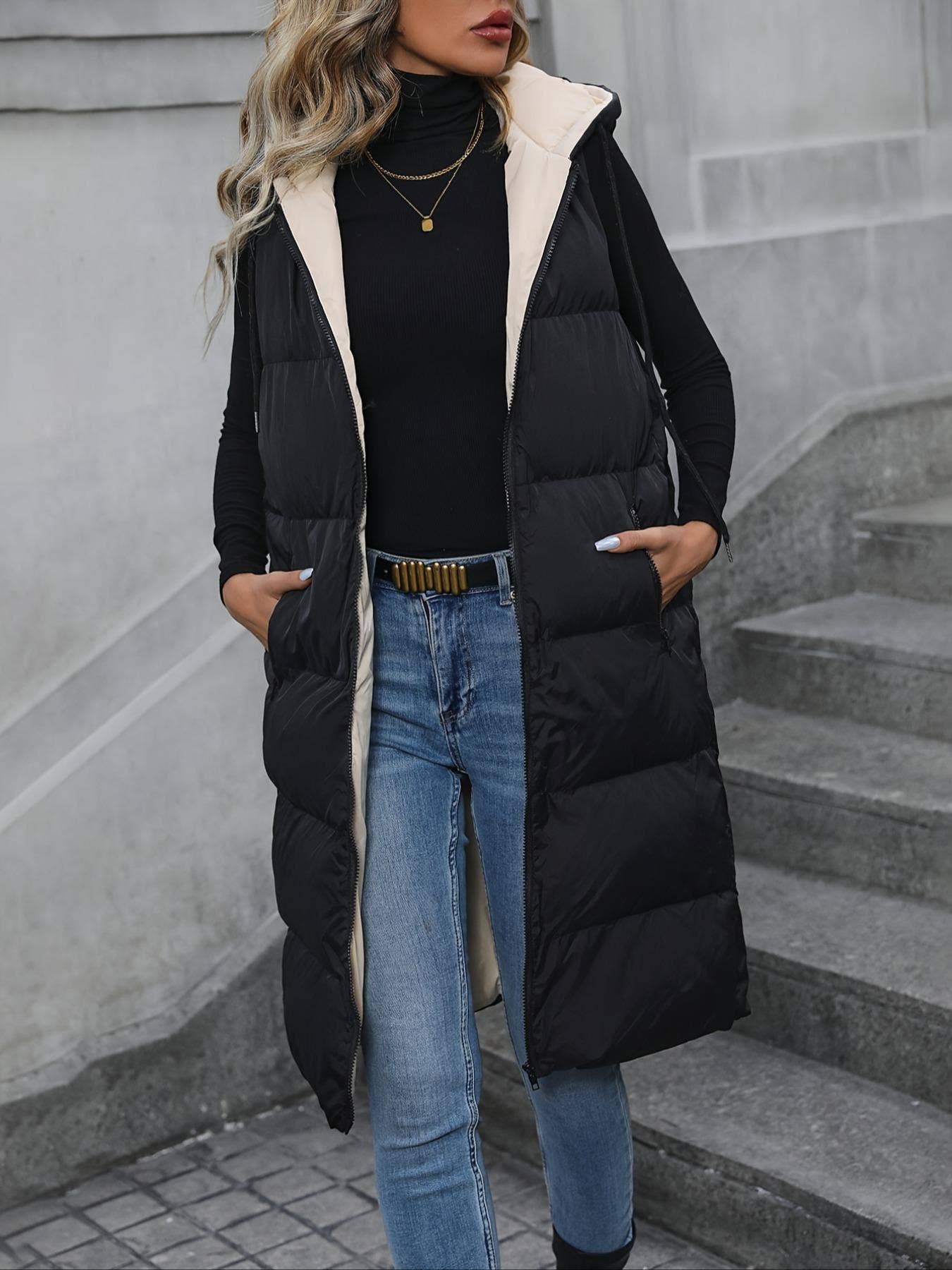 Zipper Sleeveless Hooded Long Padded Vest Jacket
