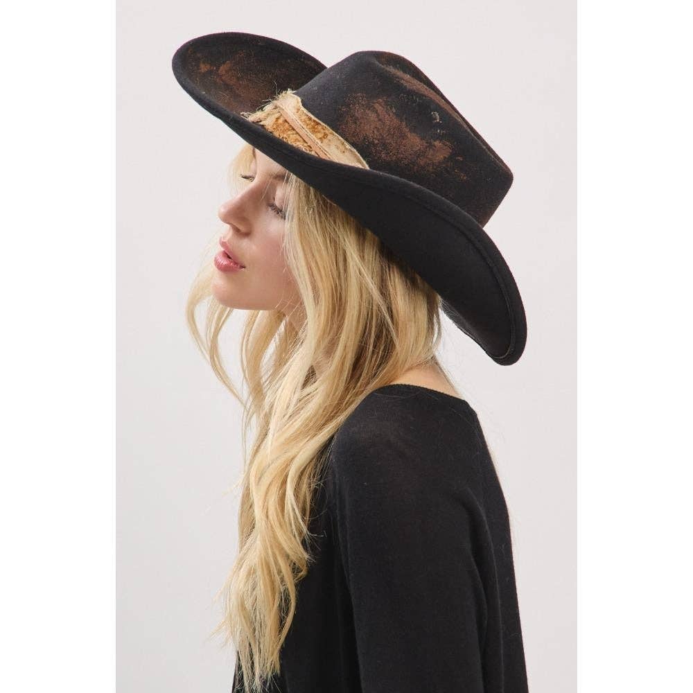 Distressed Cowgirl Fedora Hat with Feather & Fabric Band