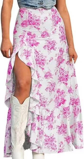 Summer floral print ruffle boho maxi skirt