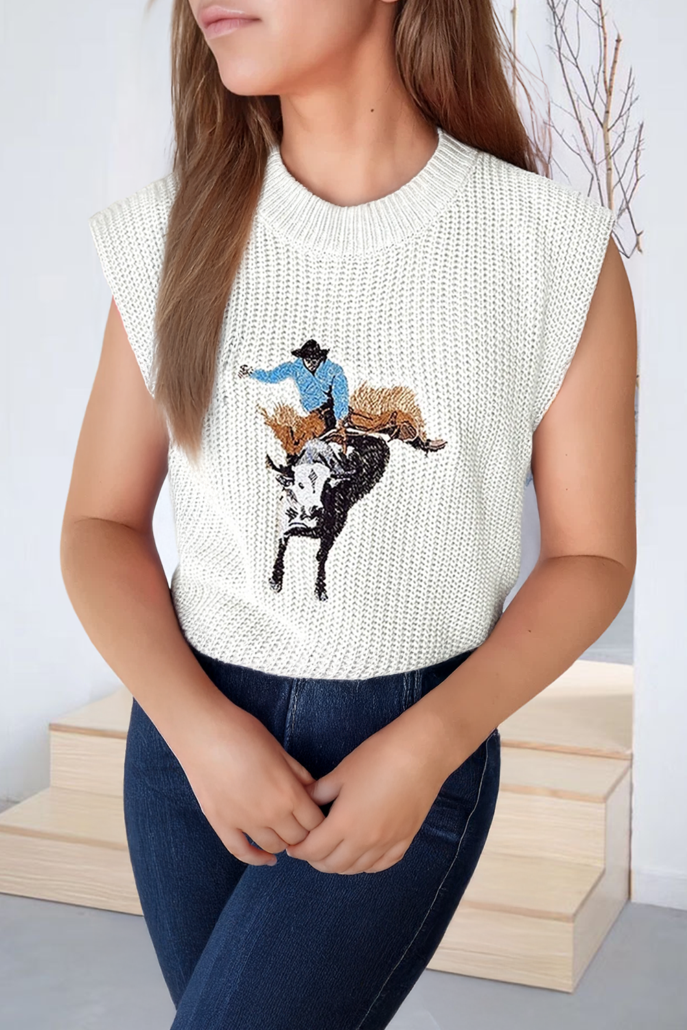 Western Embroidered Round Neck Sleeveless Sweater (S-XL)