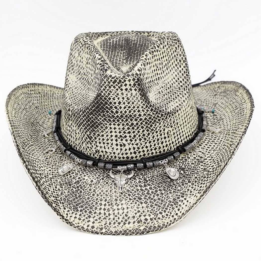 Handmade vintage cowboy hat featuring a textured black and white woven design, adorned with western-themed charms.
