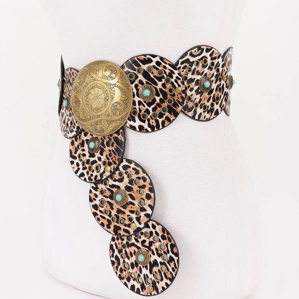 bohemian faux leather disc belt with leopard print and decorative metal and stone embellishments