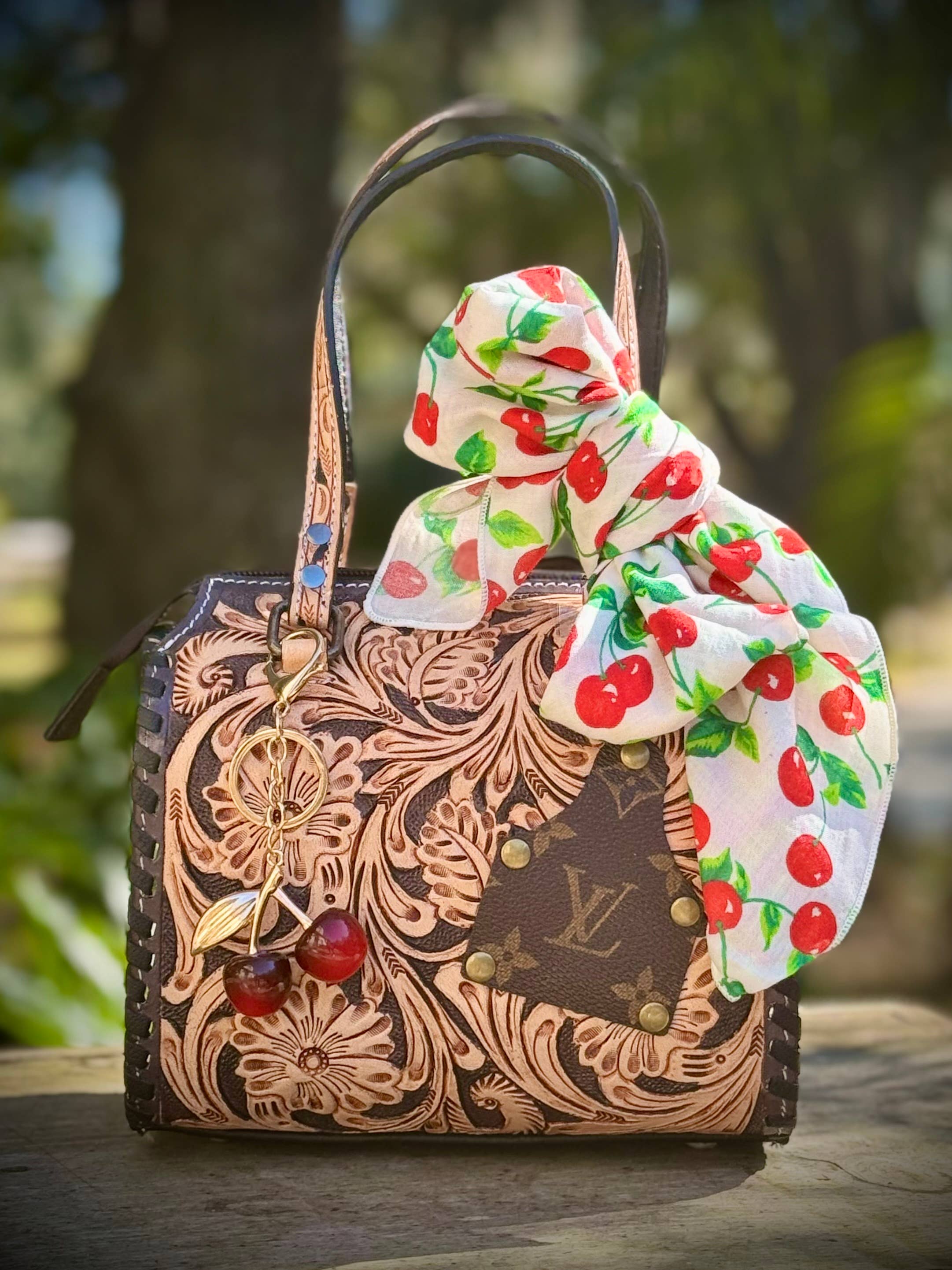 Upcycled Louis Vuitton Speedy Handbag | Hand-Tooled Western Cherry Leather